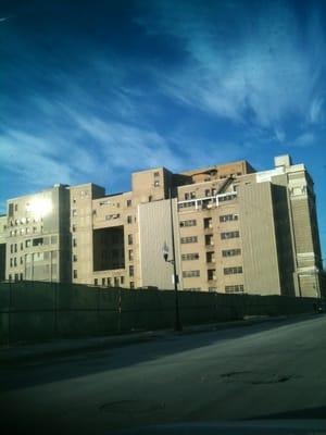 Original County Hospital now closed. South exterior view.