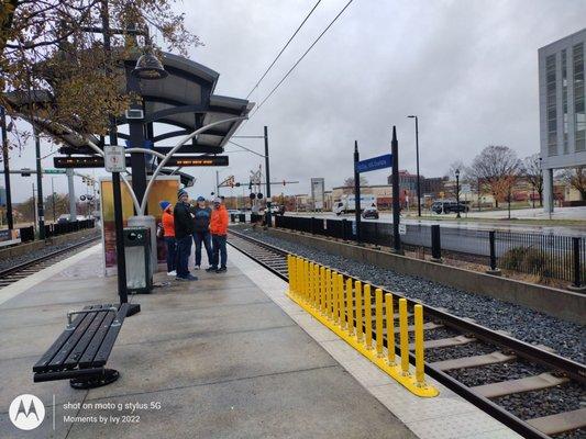 Panthers and Broncos fans waiting for the light rail to arrive 11/27/2022