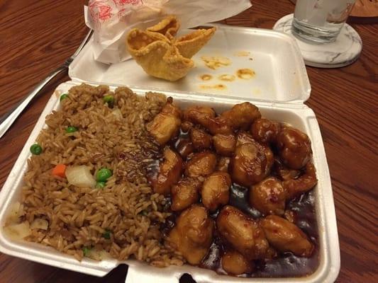 Hot braised chicken combination plate (comes with fried rice and 3 crab Rangoon)