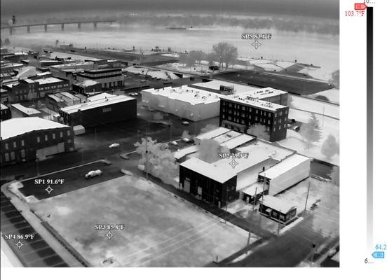 Downtown Hannibal, MO at night view with thermal imaging drone; shows different surface temperatures with the radiometric feature.