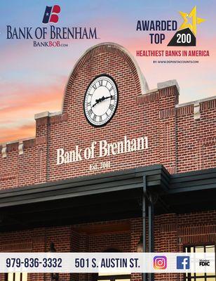 Bank of Brenham was voted Top 200 Healthiest Bank in America, Bank with BoB!