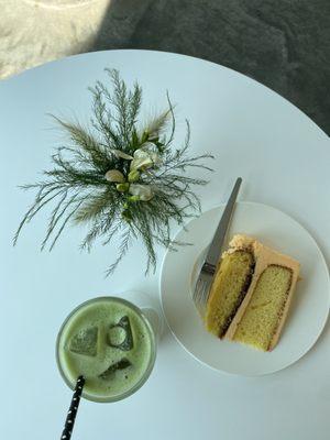 my cake with lavender matcha latte