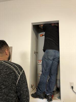 Abel replacing our water heater. We have a new water heater, hot water, and no more leaks. Quick/Reliable/Affordable