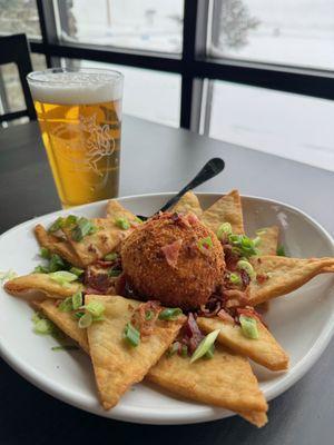 Deep fried smoked cheese ball with deep fried pita triangles