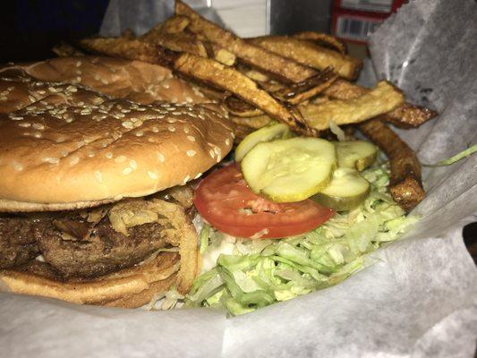 $8! With fresh cut fries. Excellent hand made, fresh, never frozen bar food