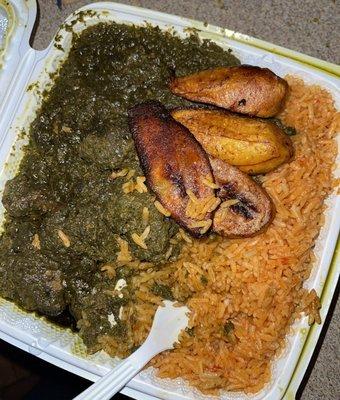 Cassava Leaf with Jollof Rice and Plantains.