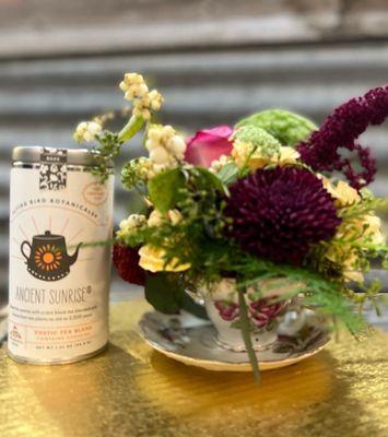 A tea cup floral design paired with delicious tea!