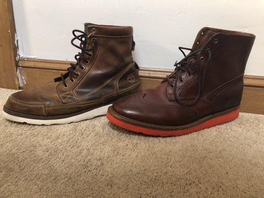 Re-soled boots by North Shoe Repair! Timberland Earthkeeper's with Vibram Morflex (left). Walk Over Zachary with Red Vibram Christy (right).