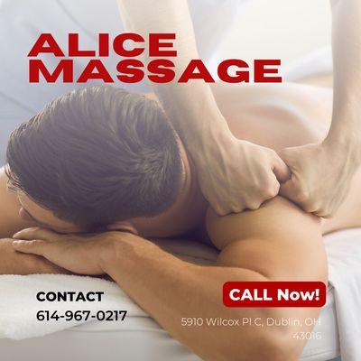 Alice Massage
 5910 Wilcox Pl C, Dublin, OH 43016
 Call us at 614-967-0217