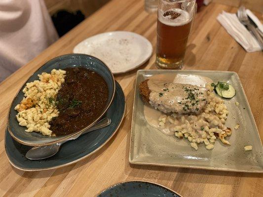 Beef goulash on the left, Schnitzel on the right