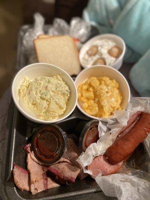 Banana Pudding, Potato Salad, Mac & Cheese, Brisket, Sausage (Regular/Jalapeno)