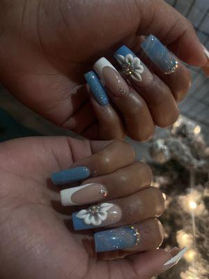 Custom nails with marble, 3D flowers, French tip and glitter