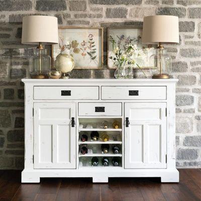 Modern Farmhouse White Buffet Table with wine bottle storage. Customizable in many finishes.