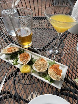 Roasted oysters, beer, Blame it on the Juice cocktail. Yummy!