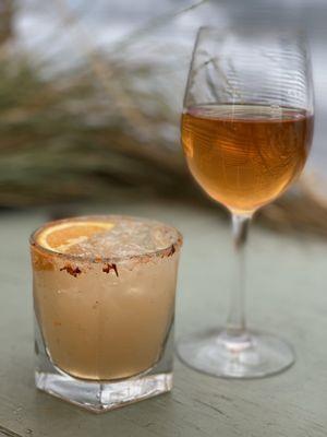 Diabla margarita ($14), Natural orange wine ($15)