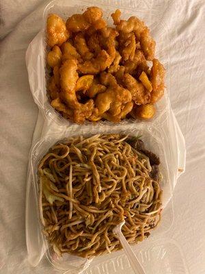 Orange Chicken and Beef Chow Mein.