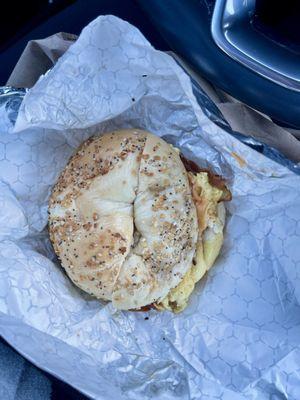 Bacon egg and cheese on an Everything Bagel