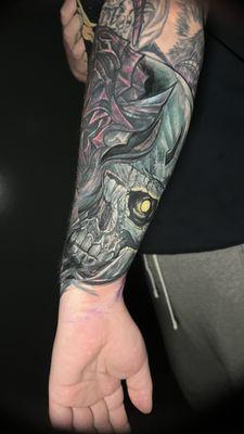 Foreclose saturation, cover-up of skull Knight from berserk Donna at Easy Tiger Tattoo in Merrillville, Indiana by Sterling gorejus