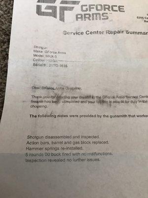 This is the repair summary from GForce Arms