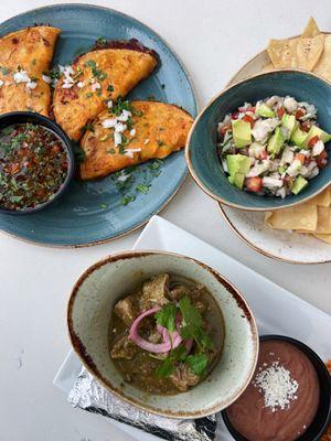 Quesabirria, Ceviche, Chile Verde Plate