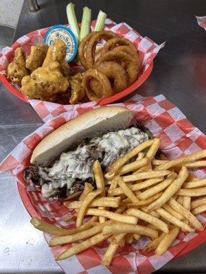 Philly Cheese Steak Sandwich, 5 Wings Combo, Onion Rings