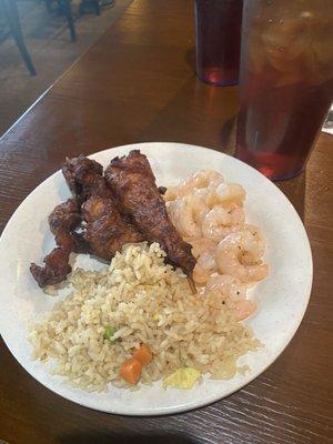 Chicken on stick, Fried Rice, Shrimp.