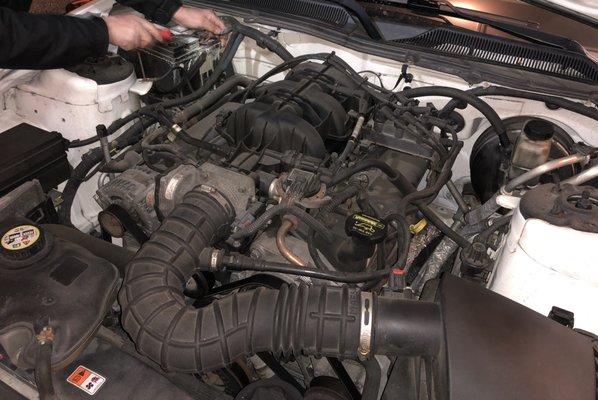 Working under the hood of a Ford Mustang.