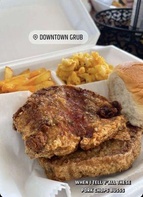 Fried Pork Chops, Macaroni n Cheese, Cheese Fries & Roll