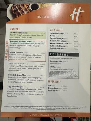 Breakfast menu