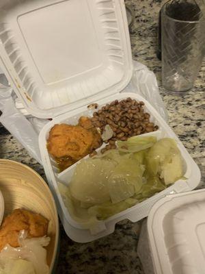 The veggie plate (sweet potato/ yams, black eyed peas, and cabbage