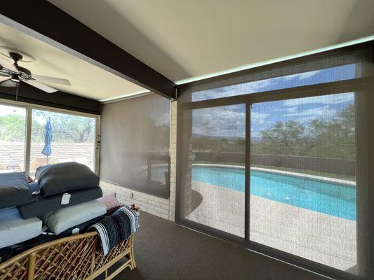 Roller shades for Arizona room in Green Valley Arizona. Options include; reverse roll, 3% screen fabric, stainless steel chain.