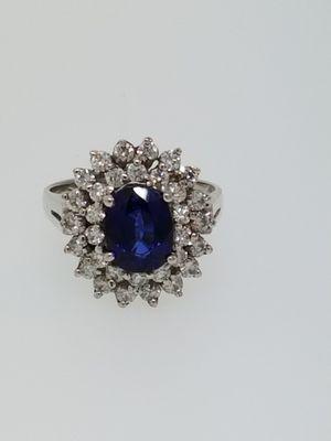 Double halo sapphire and diamond ring is on display now at Robert Haack Diamonds