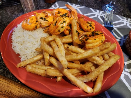 Garlic Shrimp with Piri Piri sauce, fries, rice.