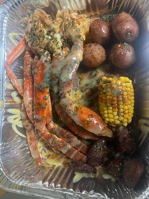 Big snow crab boil with sausage.