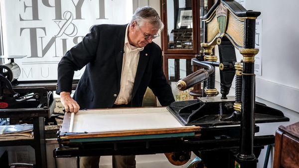 Gary Walton, our Founder & Director, with the Franklin Type Foundry Iron Hand Press.