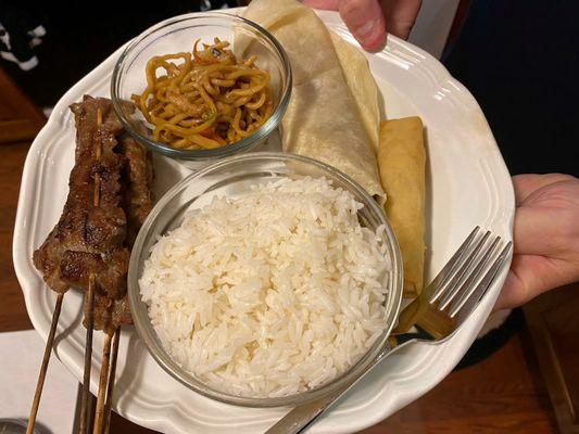 We made a plate for our son when we got home that included Lo Mein noodles, Egg Roll, Moo Shu Chicken, & Teriyaki Beef (on skewers!!!)