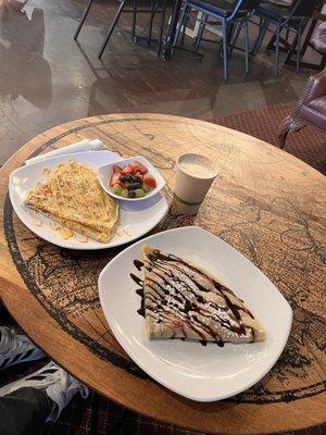 A sweet crepe, and a savory crepe. (And a chai latte!)