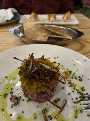 Beef Tartar and stuffed shrimp