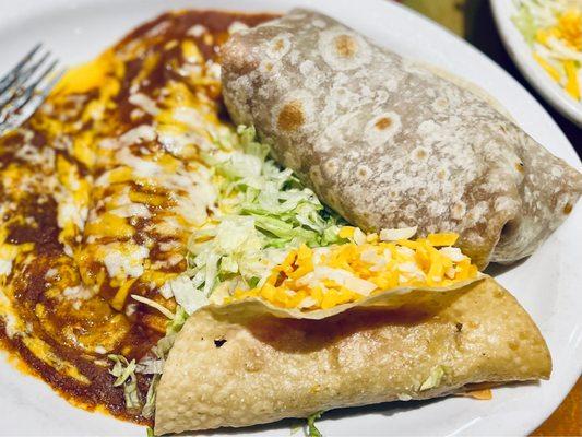 Red Chili Burro, Shredded Beef Taco, and Cheese Enchilada combo dinner