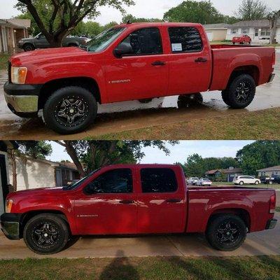 Before and after of a 2008 GMC Sierra 2/3 lowering kit.