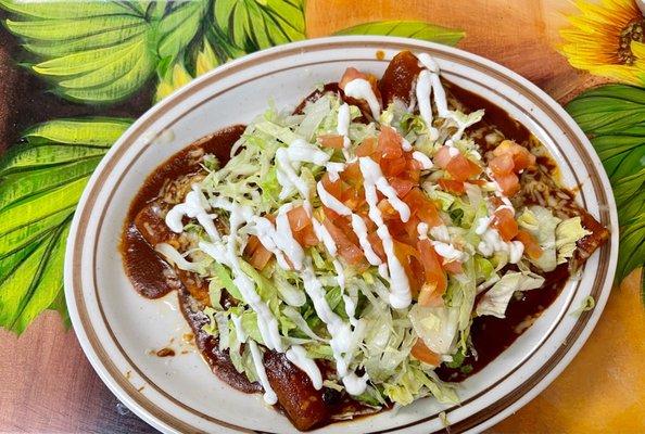 Enchiladas Rancheras (bean, chicken, beef, cheese)