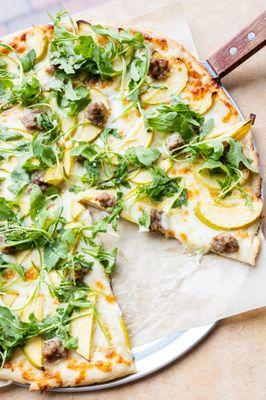 Gluten free Honey Apple Sausage pizza -- also available dairy free and vegan!