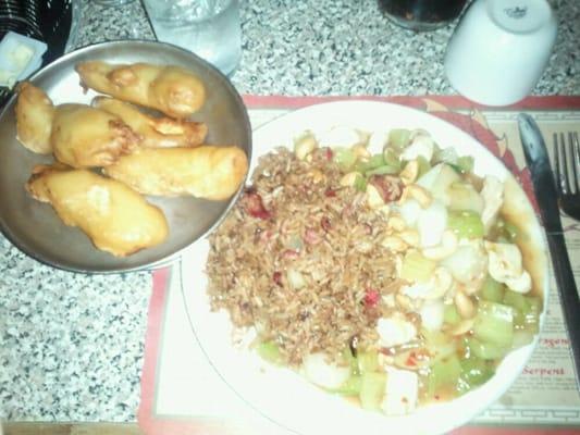 Cashew chicken with pork fried rice and chicken fingers