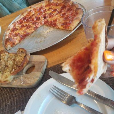 Garlic bread and Angry Pizza