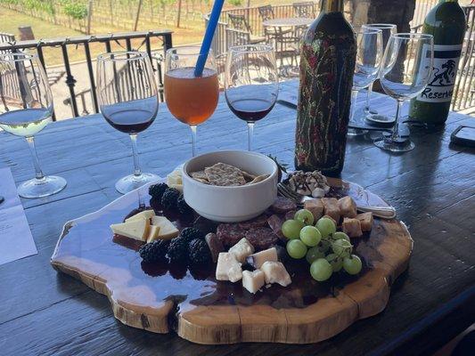 Beautiful outdoor patio with wine and charcuterie board.