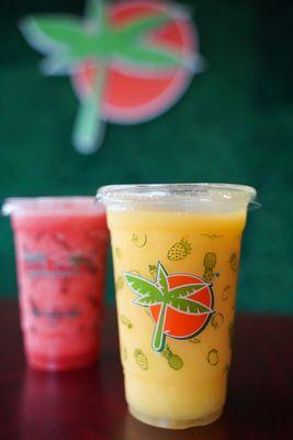 Two of our favorite smoothies strawberries and mango.