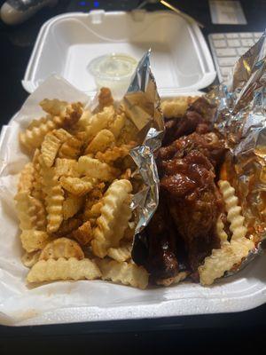 Hot Barbecue Wings and seasoned fries