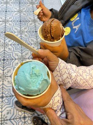 Sherbet and chocolate ice cream (2 scoops each)