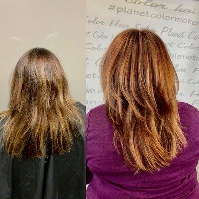 Before and after - copper balayage