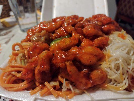 Orange chicken on top